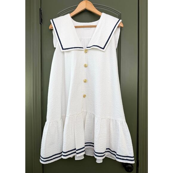 SAYLOR Dresses & Skirts - NWT Saylor Breton Seersucker Sailor Mini Dress Nautical Resort White Navy Small